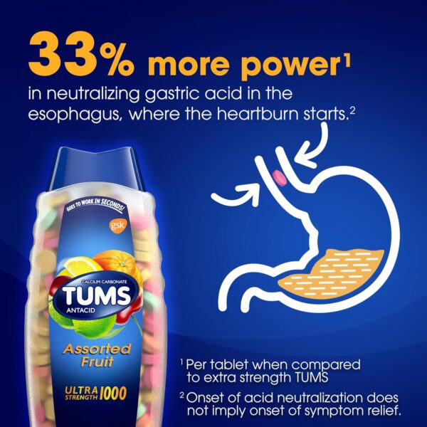 TUMS Ultra Strength Antacid Tablets for Chewable Heartburn Relief and Acid Indigestion Relief, Assorted Fruit - 160 Tablet - Image 2