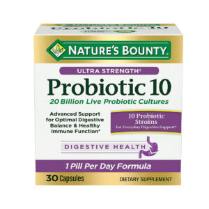 Nature’s Bounty Probiotic 10, Ultra Strength Daily Probiotic Supplement, Support for Digestive, Immune and Upper Respiratory Health, 1 Pack, 30 Capsules